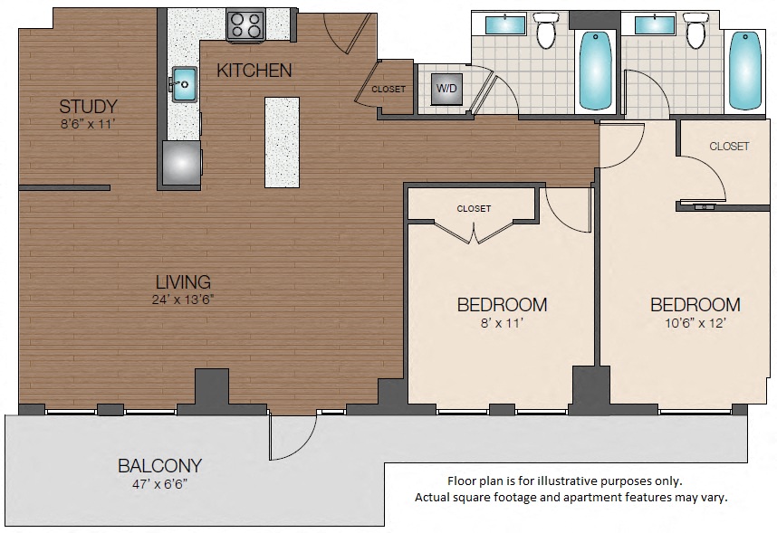 Floor plan for 2 beds, 2 baths, 1241 sqft